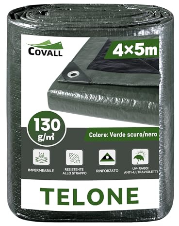 COVALL Telo Telone 4x5m telo impermeabile esterno 130g/m² plastica Tenda Anti UV Copertura Esterna Piscina Tetto Sabbiera Barca RV Auto Copertura Protettiva (Verde scuro/nero)