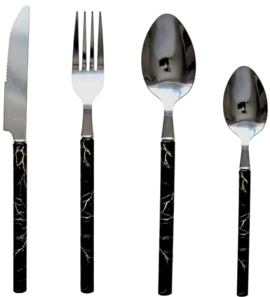 Reldor 24-Piece Marble Handle Cutlery Set – Black Stainless Steel Flatware Set with Knife, Fork, Spoon – Elegant Kitchen Silverware Tableware for Home, Steak, Coffee, or Restaurant Use (Black)