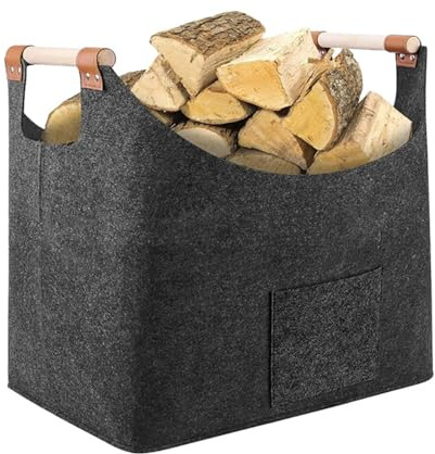 Brennholzkorb aus Filz – 55 x 40 cm große Kaminholztasche, mühelose Organisation | Wiederverwendbarer Holzträger für den Innenbereich mit zwei stabilen Holzgriffen, faltbarer Holzhalter für Spielzeug,
