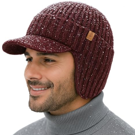 TOP-EX DryKnit 80 % merinoull vattentät skärmmössa för män, stickade vintermössor beanie med skärm, varm vindtät ullmössa med fleecefoder och öronlappar för löpning camping M/L, röd
