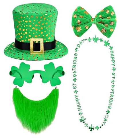 KBOPLEMQ Nœud papillon à paillettes pour la Saint Patrick - Mini chapeau sur serre-tête - Colliers shamrock et barbe - Vert trèfle - Couvre-chef - Pour fête irlandaise - Fête de Saint Patrick