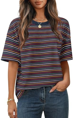 Cuptacc T-shirt damer rund hals oversize tunika kortärmade toppar damer sommar lös t-shirt färgglad randig elegant topp