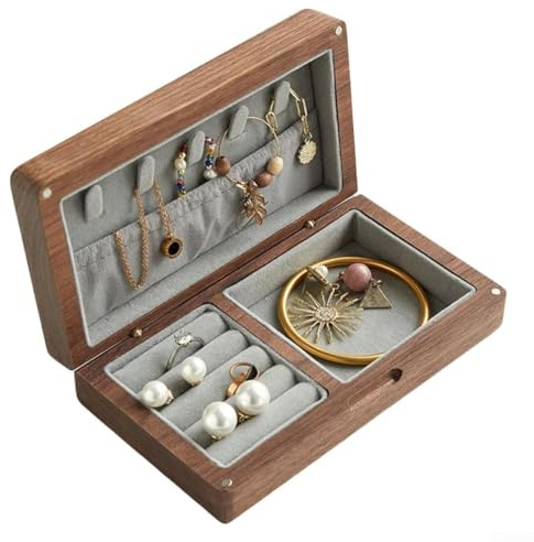 Boîte à bijoux en bois massif au design classique pour femme avec protection intérieure et sections séparées pour chaque type de bijoux (gris noyer)