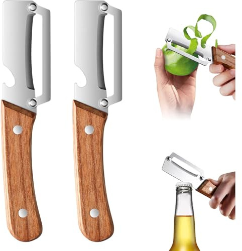 2PCS Multifunctional Vegetable Peeler, Zero Snag Wooden Peeler, 2-in-1 Multifunctional Stainless Steel Peeler, Potato Fruit Pumpkins Kitchen Peelers with Bottle Opener
