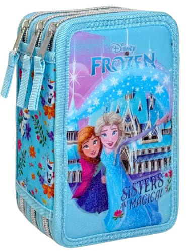 Estuche Escolar Niña para Frozen Fan - Plumier Triple 3 Cremalleras Completo (44 Piezas) - Efecto 3D - Kit Material Escolar Primaria (6-10 Años) 20x12x7 cm