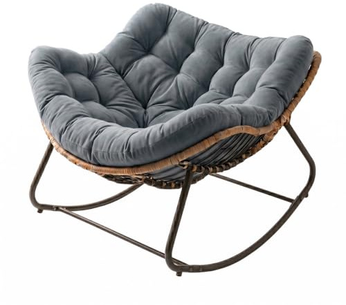 ANTEK TRADE Boho Schaukelstuhl für Garten & Balkon mit Kissen – Rattan Relaxsessel & Lounge Rocker mit stabilem Metallgestell (Grau)