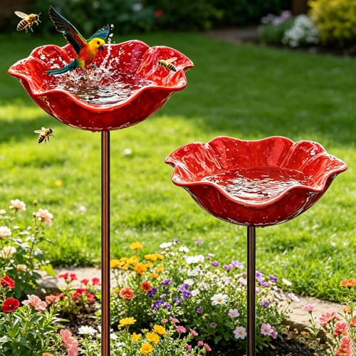 Vogeltränke Stehend,2 Stück Wassertränke für Vögel,Vogelbad Garten,Handgefertigt Blumenform Vogeltränke,Insektentränke Garten,Bienentränke Metall,für Wildvögel Frostfest,Garten,Hinterhof