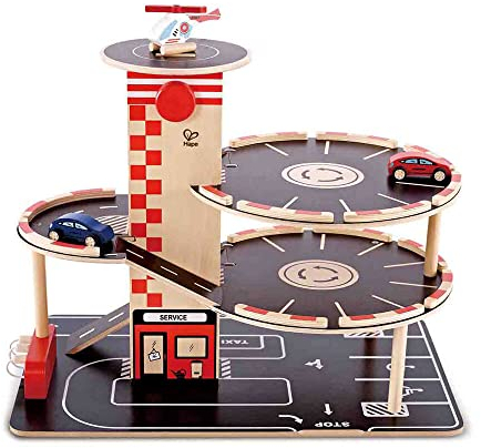 Parkhaus Spielset aus Holz von Hape | Autogarage auf DREI Ebenen mit Autos und Hubschrauber