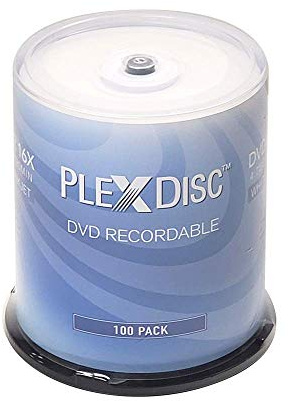 PlexDisc DVD-R 4.7GB 16X White Inkjet Hub Printable | 100 Pack Cake Box (FFP) | Blank DVDs for Video Burning | Recordable Media Discs
