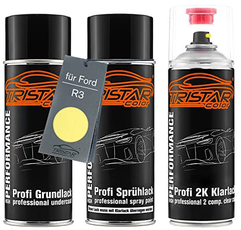 TRISTARcolor Vernice per auto Kit bombolette spray 2K per Ford R3 Citrine Yellow Perl Vernice di fondo vernice di base 2 componenti vernice trasparente bomboletta a spruzzo