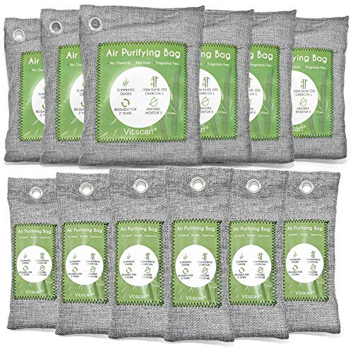 12-pack luftreningspåse i bambu, påsar med aktivt kol luktabsorberande, fuktabsorberande, naturlig luftfräschare, skoluktborttagare för hem, husdjur, garderob (6 x 50 g, 6 x 150 g)