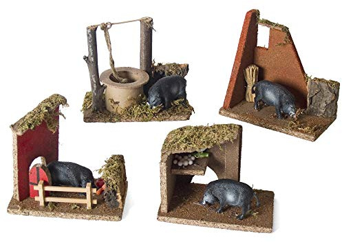 Set 4 pz Ambientazione PRESEPE Fattoria mangiatoia dei MAIALI 14 x 8 x h. 13 cm 4 SOGGETTI con STATUINE MAIALI Animali STALLA presepe per PASTORI di Natale AIA Cortile Casolare