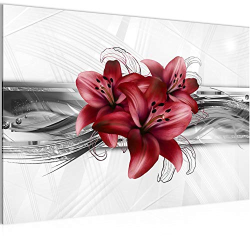 Runa Art Bild Blumen Lilien Modern Wandbilder Wohnzimmer 1 Teilig - Made In Germany - Abstrakt Grau Rot Flur 008715c