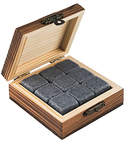 Buddy´s Bar - 9 Whiskey Steine, 2 x 2 cm, Geschenkset Basic, stilvolle Holzbox, Wiederverwendbare, natürliche Eiswürfel aus Granit, geschmacksneutrale Kühlsteine, grau
