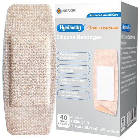 Hysimedy Silicone Adhesive Bandages Medium Sizes for Sensitive Fragile Skin 1.63x4 40 Count Flexible Fabric Latex Free Hypoallergenic Breathable Bandages for Adhesive Allergy Wounds