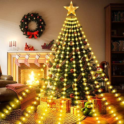 BELLALICHT Lichterkette Außen Innen, 3,5M Höhe 8 Girlanden 298 LEDs Weihnachtsbeleuchtung Christbaumbeleuchtung mit Stern 8 Modi Überwurflichterkette - Warmlicht