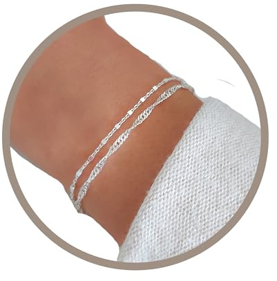Annika Bella Double Stranded Sterling Silver Bracelet for Women, Dainty Waterproof Chain Bracelet for Women, Teen (Twirl & Satellite Chains)