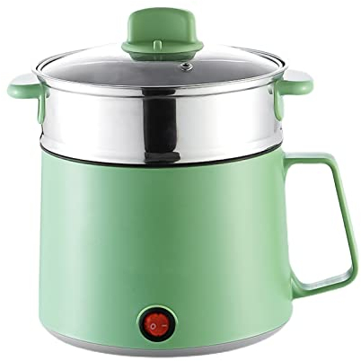 WMLBK Electric Hot Pot, 1.7L Multi-Functional Electric Skillet for Stir Fry/Stew/Steam, Portable Mini Electric Cooker for Soup Porridge Dumplings Eggs Pasta Noodles (Stainless Steel Green+ Steamer)