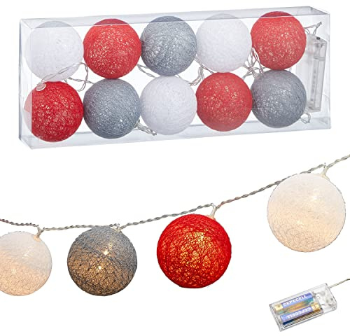 Cepewa LED Lichterkette ''Cottonball'' │ Ø6cm weiß grau rot │Beleuchtung Leuchtbälle (1 x Cottonball Ø6cm weiß grau rot)