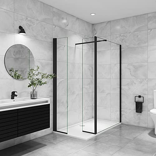 AICA paroi de douche avec retour pivotant 110+40x200cm avec barre de fixation 73-120cm en carré, paroi de douche pivotante 45x200cm, verre 8mm securit anticalcaire, profil Noir mat