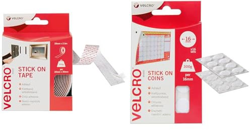 VELCRO Brand Stick On Tape, Cut-to-Length Strong Hook & Loop Self Adhesive Sticky Tape & Brand Stick On Coins Double Sided Hook & Loop Self Adhesive Sticky Coins
