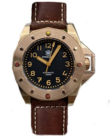 Steeldive SD1945S Automatische mechanische Taucheruhr NH35 CUSN8 Bronze-Gehäuse 200 m wasserdichte Armbanduhr, Lederarmband, Taucher, mechanisch