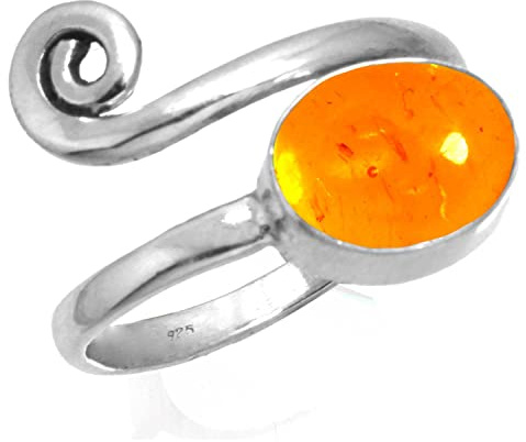 Jeweloporium Anillo ajustable para el dedo del pie de ámbar naranja, anillo de plata de ley 925 para mujer, joya bohemia con piedras preciosas ovaladas.