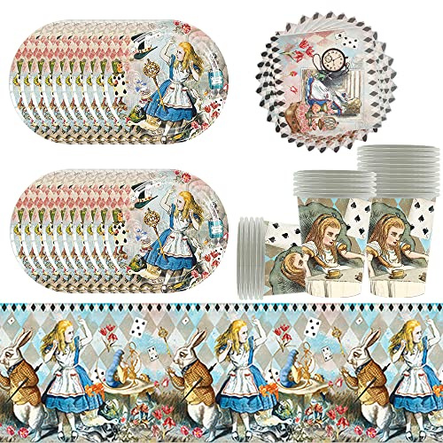 61pcs Alice merveilles vaisselle de fête d'anniversaire,accessoires de fête set d'assiettes, y compris nappe assiette gobelet serviettes de table pour babyparty,mariages,anniversaire(20 invités)