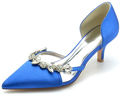 Kvinnor Låg Kattung Klack Bröllop Brud Skor satin Slip on Kitten Heel Court Ballerina Skor Pumps festklänning,Royal blue,38 EU