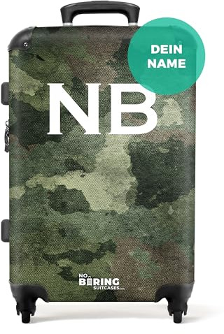 NoBoringSuitcases© Koffer personalisiert, | 67x43x25 cm - Koffer Groß, Koffer Hartschale Mittelgroß - Rollkoffer - Grünes Tarnmuster - Leicht - Koffer mit Namen