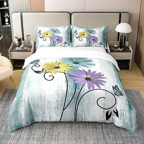 100% Bio-Baumwolle Teal Daisy Bettbezug für Mädchen Frauen,Zeitgenössische Blume Ombre Bettwäsche Set,Rustikale Ölgemälde Tröster Abdeckung,Schmetterling Floral Bett Sets mit 2 Kissenbezüge,200x200