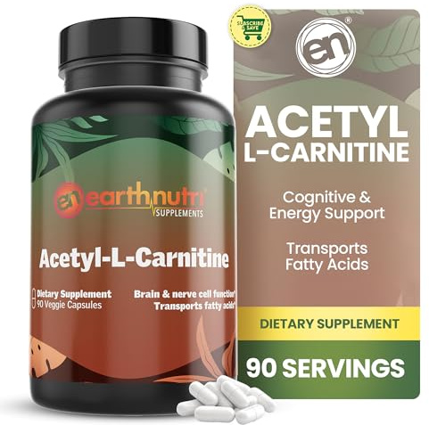 EarthNutri Acetyl-L-Carnitine Capsule - Additive Free, Gluten Free, No Fillers, No Preservatives - Acetyl L-Carnitine Supplement Helps Concentration & Energy - 500mg Per Serving, Unflavored 90 Count