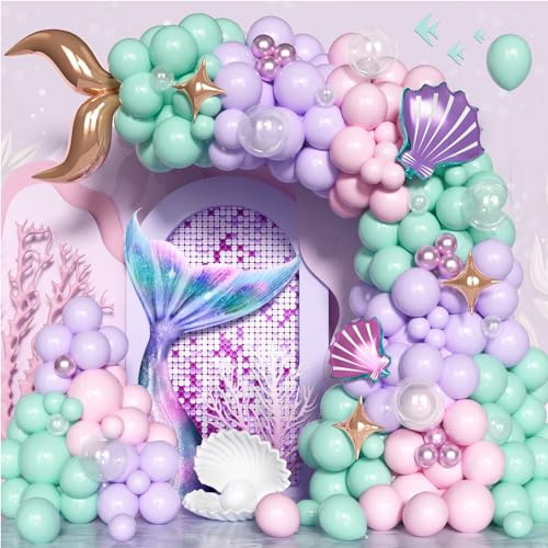 Mermaid Balloon Arch Kit,120 Pcs Pastel Purple Pink Teal Metallic Pink Latex Balloons with Mermaid Tail Shell Pink Star Foil Balloons for Girls Birthday Mermaid Ocean Theme Party Decoration Supplies