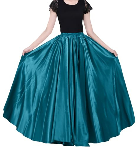 BACKGARDEN Ladies 90cm Satin Maxi Midi Skirt Long Dress Elastic Waist for Belly Dance Princess Party Cosplay Costume, Peacock Blue, One Size