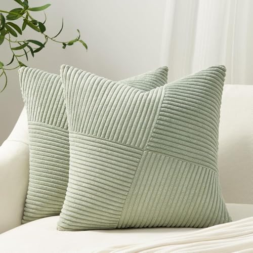Topfinel Kissenbezug Grün 50x50 Kordsamt 2er Set Windmühle Streifen Muster Kissenbezüge Kissenhülle Zierkissenbezüge Deko für Sofakissen Couchkissen Wohnzimmer Couch Sofa Frühling Sommer