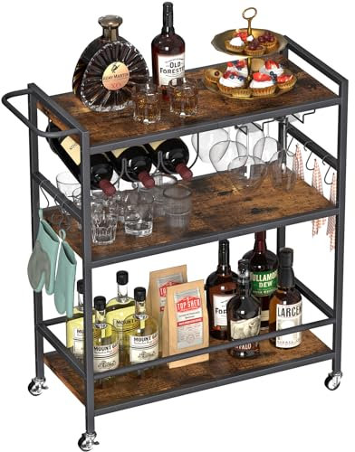 EasyCom Barwagen für Zuhause, 3-stöckige Servierwagen mit feststellbaren Rädern, Glashalter, 6 Haken, Weinregal, kleiner rollender Küchenwagen für Esszimmer, Badezimmer, Schwarz, Wohnzimmer