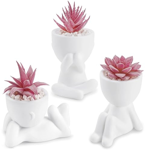 Der Rose 3 Rosa Sukkulenten Künstlich in Figurentöpfen für Wohnzimmer deko | Verspielte Figurentöpfe in verschiedenen Posen als Deko für Schlafzimmer, Büroschreibtisch und Badregal, ideal für Frauen