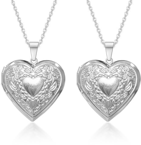 ZBHDEYG 2 Pezzi Collana a Forma di Cuore per Foto, Vintage in Acciaio Inossidabile, Collana Creativa da Donna e Sorella in Argento