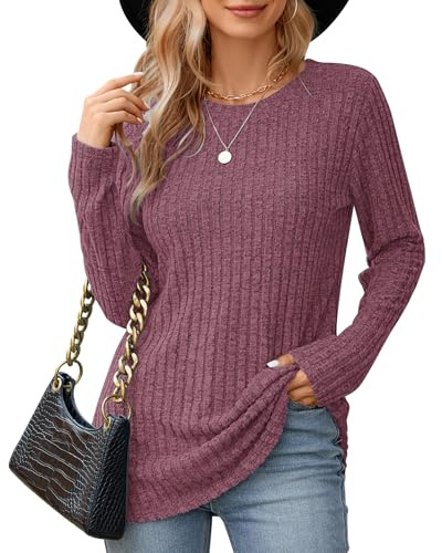 WNEEDU Damen Langarm Tops Leichte Rundhals Sweatshirts Lässige Langarmshirt für Frauen Herbst Strickpullover Winter Sweater Tunika Oberteile Pullover