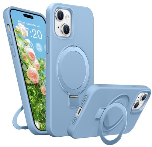 BENTIACC Liquid Silicone Magnetic Case for iPhone 15, Light Blue | Military Grade Shockproof Protection, Anti-Scratch Microfiber Lining Phone Case with Ring Stand, Hands-free for Video Work
