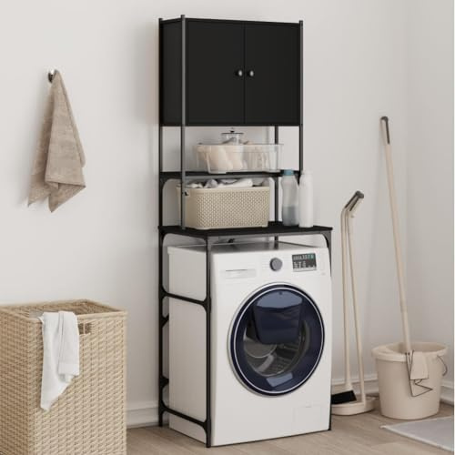 Tidyard Armoire de Machine à Laver Noir 68x48,5x194 cm, Support de Salle de Bain avec Compartiments et Portes,Gain de Place Meuble de Rangement l'étagère de la Machine à Laver