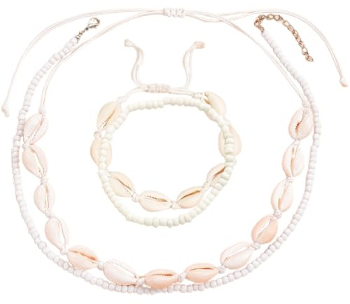 WeddHuis 4 Piezas Conjunto de Collares y Pulseras Boho de Conchas Naturales, Collar Choker y Pulsera Ajustables para Mujer y Niña, Joyería de Verano para Playa