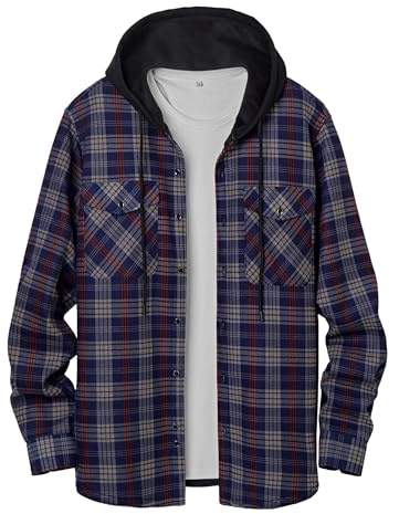 QIXING Chaqueta con capucha de franela a cuadros para hombre, camisa con capucha, forro de forro polar cálido, manga larga, suave, con botones, abrigo con capucha, Gris y rojo., L