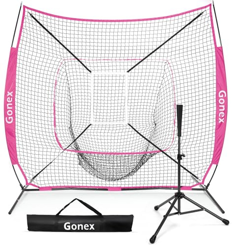 Gonex 7' x 7' Baseball Softball Practice Net Set with Batting Tee for Hitting and Pitching Batting, Practice Training Aid, with Strike Zone, Large Mouth, Bow Frame, Carrying Bag, Pink