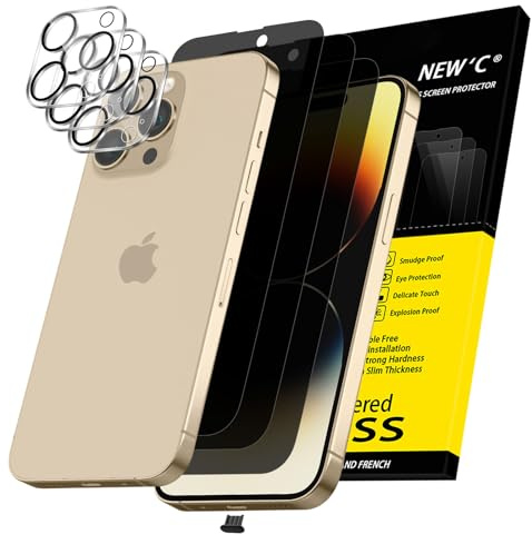 NEW'C 3 x Sichtschutz für iPhone 14 Pro Max für Panzerglas (6,7 Zoll) und 3 x Kamera Panzer Schutz Glas Kameraschutz + Staubschutzstöpsel -28 Grad verbesserter Sichtwinkel - kratzfest