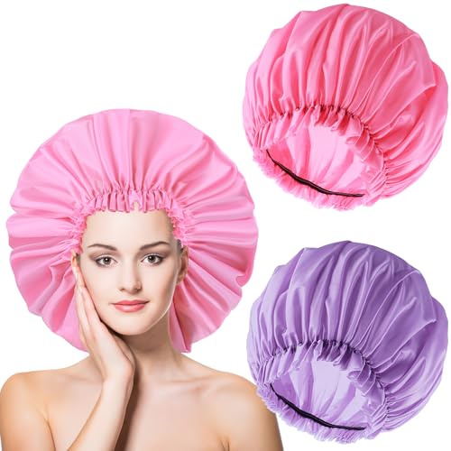 2 Stück Große Duschhaube für Zöpfe - Wasserdichte Duschhaube für Frauen, Wiederverwendbare XL Plastik Duschhauben Jumbo Badehaube für Langes Dickes Lockiges Haar, Locs, Twist Zöpfe (Pink, Lila)