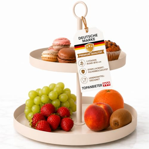 Etagere Metall Beige 2 Etagen Ø30 cm Kuchenetagere Cupcake Obst Ständer | Pulverbeschichtetes Eisen, lebensmittelgeeignet für Kuchen, Muffins, Obst, Candy Bar, Hochzeit und Buffet