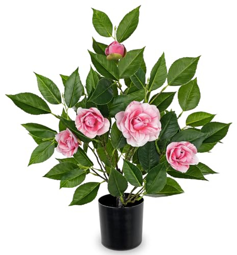 Oairse Planta artificial de camelia rosa en maceta, planta en maceta sintética de 17.7 pulgadas con hojas verdes realistas, planta de flores falsas para el hogar, oficina, mesa, estante, decoración de