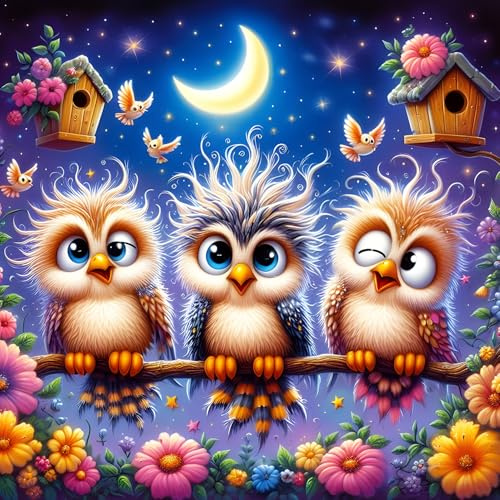 DPHERO DIY Cartoon Eule Diamant Painting Kits Bilder für Erwachsene Anfänger,5D Mond Vögelchen Diamond Painting Set,DIY Runde Steine Blumen Diamant Kunst Kits, Diamant Art für Zuhause Dekor 30x30 cm
