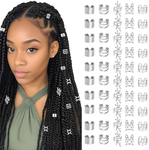 50Pcs Silver Hair Jewelry for Braids, Loc Jewelry Dreadlock Charms for Black Women Men, Metal Silver Hair Cuffs Rings Clips for Dreadlock Accessories for Dreadlocks and Braiding